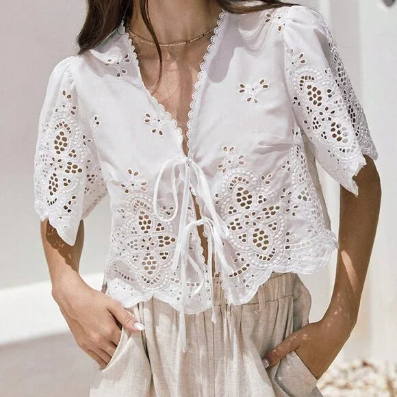 White Boho Women's Summer Ruffle Sleeve Embroidery Fabric Lace Up Short Top - Picture 4 of 6
